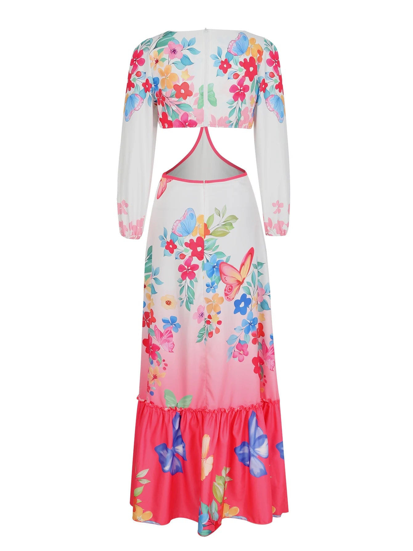 Women's Floral Print Long Sleeve Halter Naked Waist Long Summer Dress