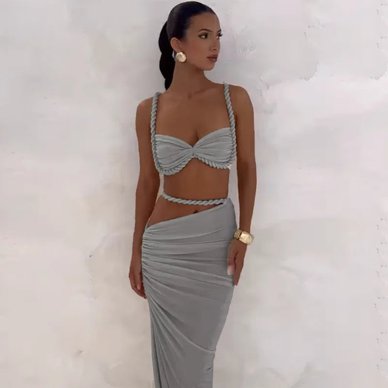 Women's Ruched Bandage 2 Piece Set Backless Decorative Cord Top and Skirt Dress Set