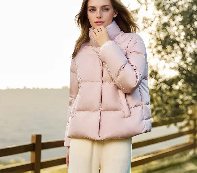 Down Jacket Women Three-Proof Solid Color Stand-Up Collar Loose Simple Winter Versatile Goose Warm