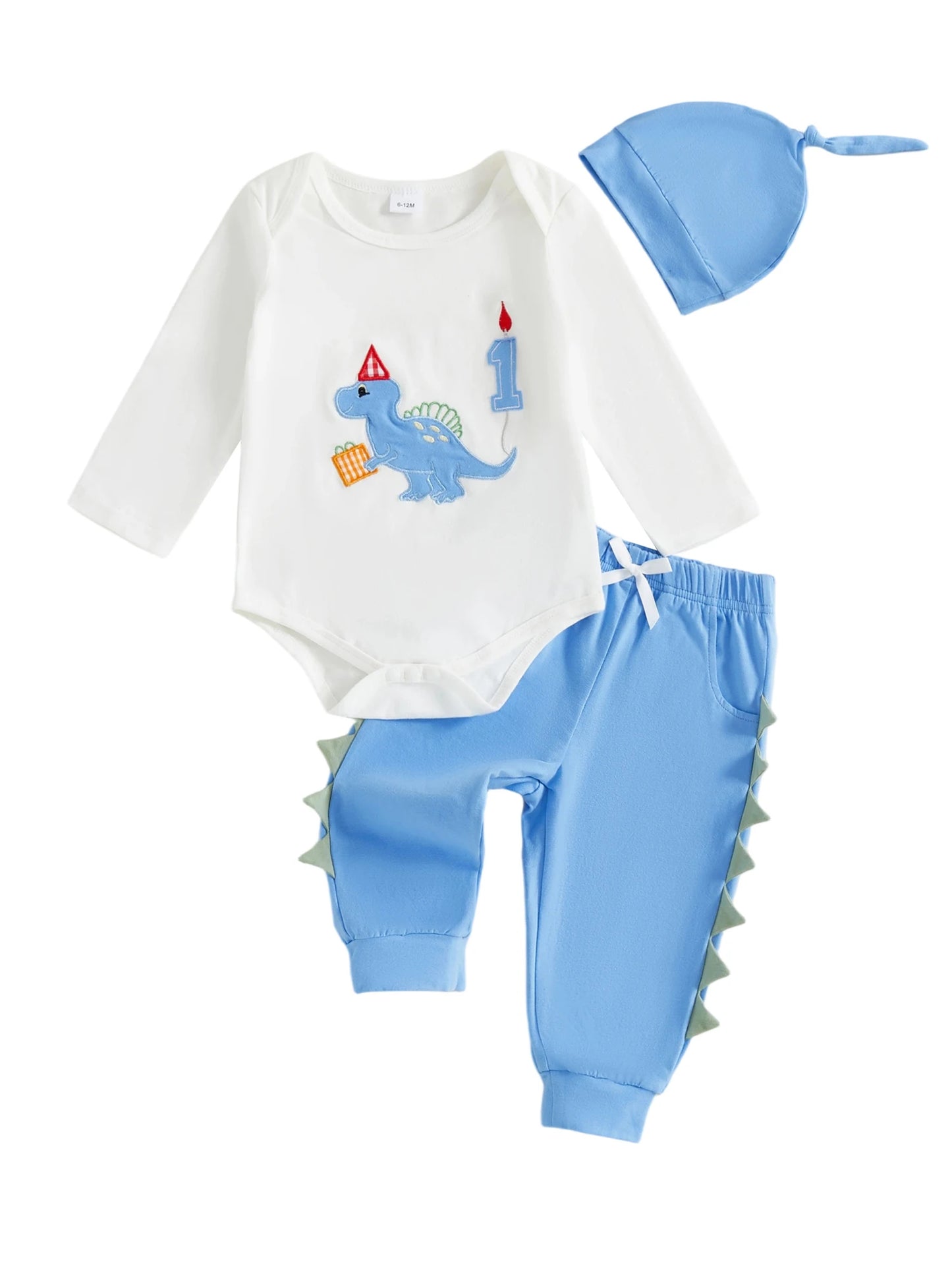 Newborn Baby Boys Birthday Clothing Set - Dinosaur Embroidery Romper, Pants & Hat 3-Piece (0-18M)