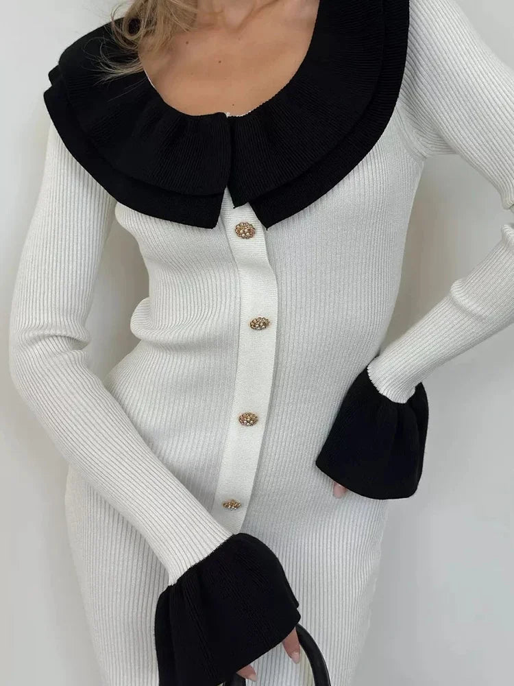 Women's Knitted Long Splice Contrast Colour Bodycon Sweater Elegant Flare Sleeve Dress