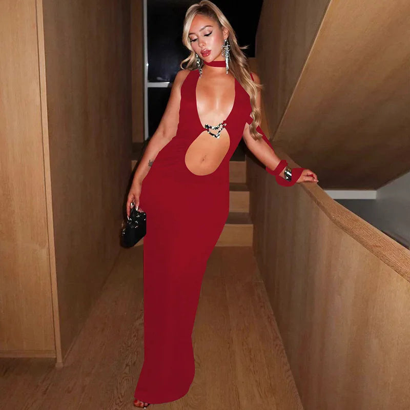 Women's Embellished Plunge Halter V Neck Maxi Outfit Club Party Cut Out Bodycon Dress