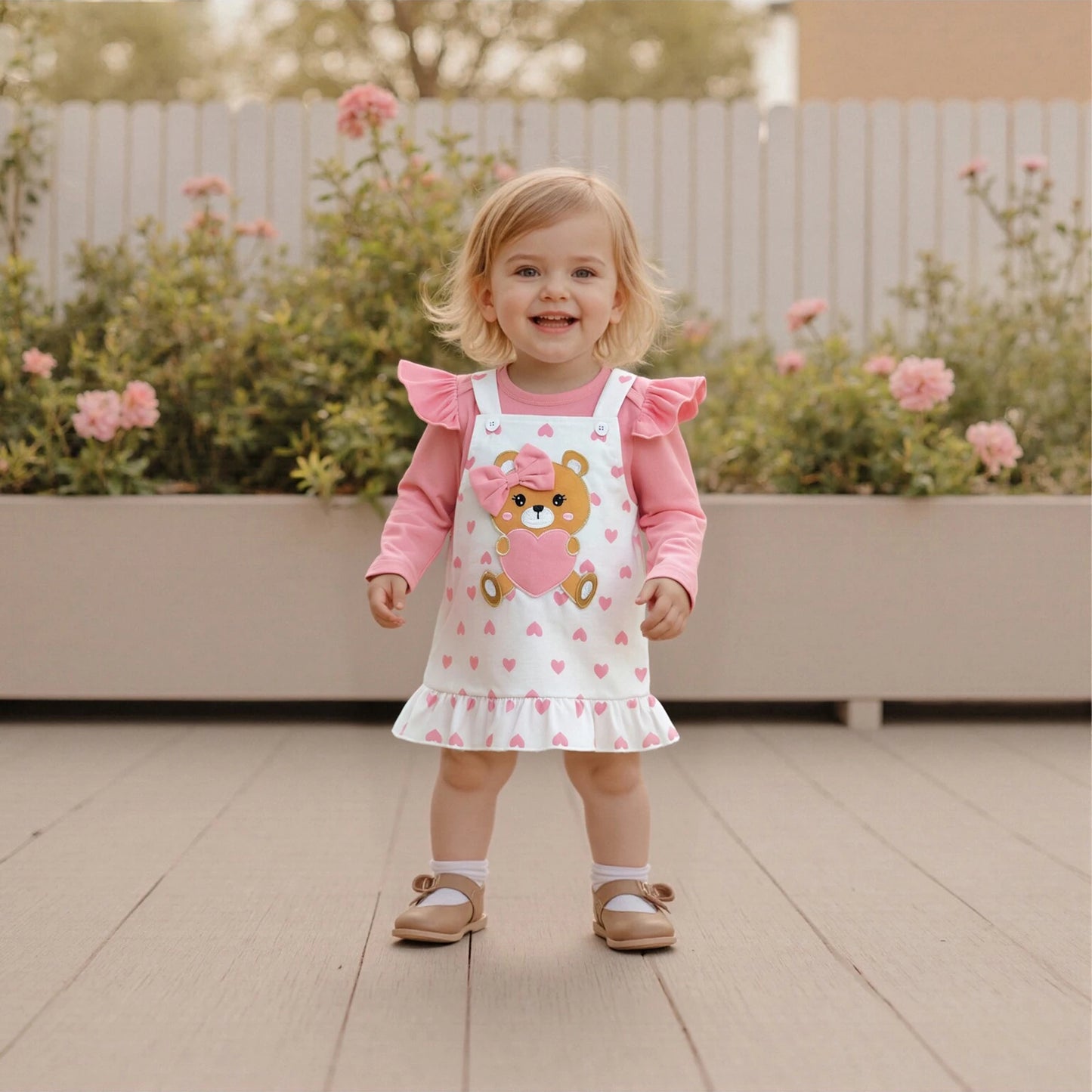 Baby Girls Bear Embroidered Dress Set with Bow Headband (0-18M)