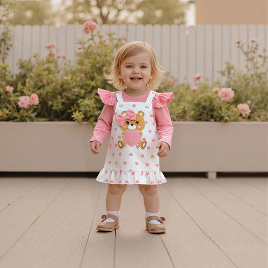 Baby Girls Bear Embroidered Dress Set with Bow Headband (0-18M)