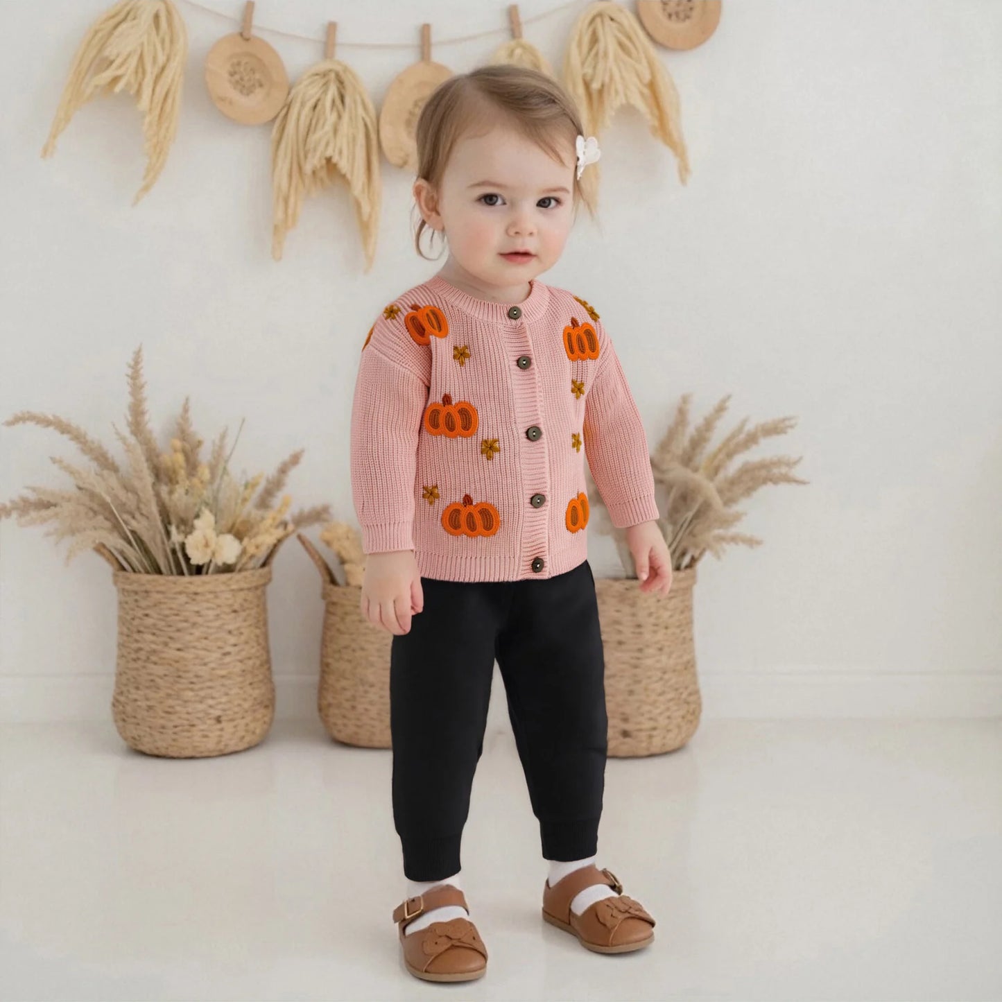 Toddler Halloween Cardigan - Pumpkin Embroidery Button Knit Sweater