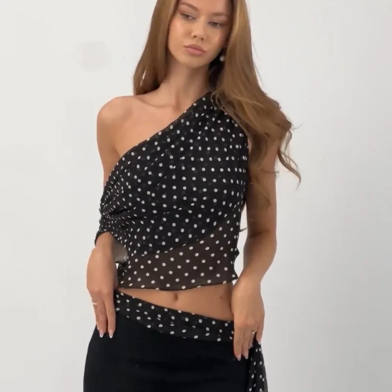 Women's Chiffon Polka Dot Summer Outfit Cropped Asymmetrical Basic Top