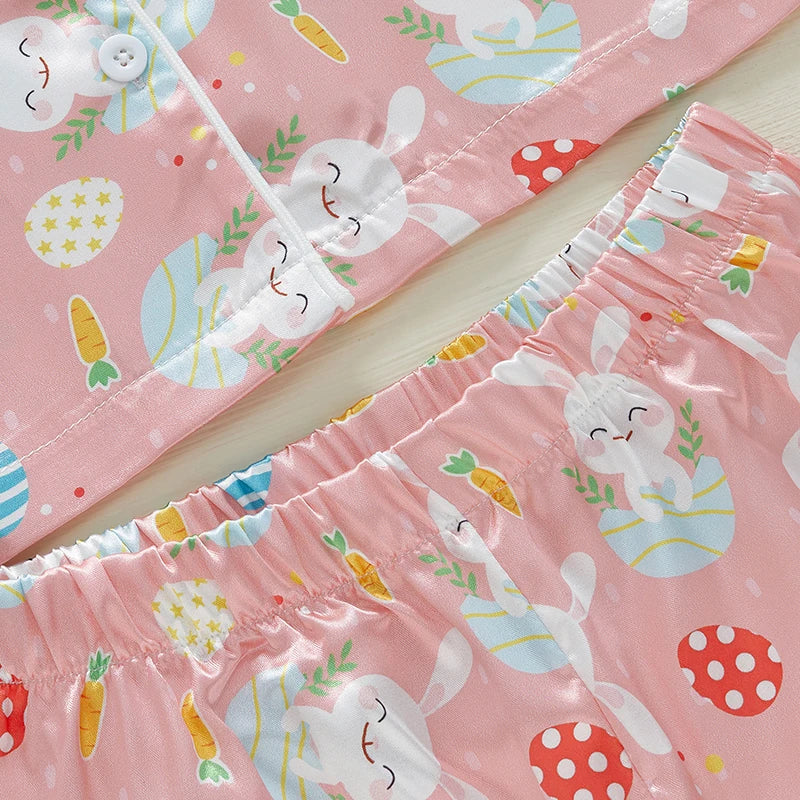 1-7Y Kids Girls Easter Pyjamas Clothes Set Rabbit Carrot Print Button Down V Neck Short Sleeve Tops and Shorts