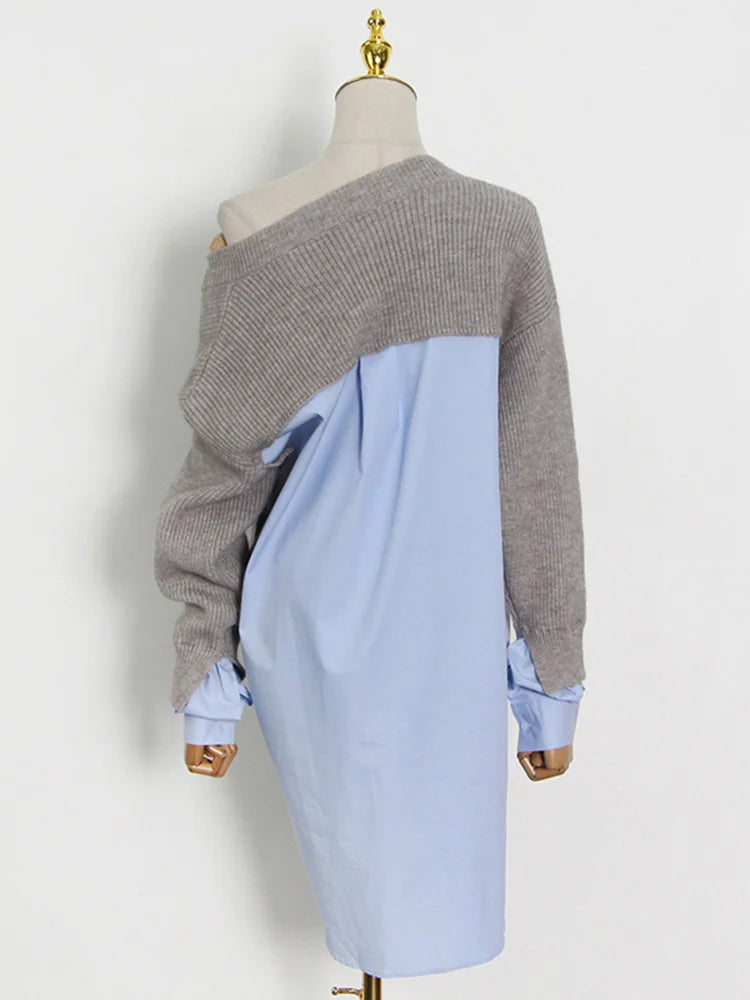 Women's Patchwork V Neck Long Sleeve Loose Straight Knitting Pullover Sweater Shirt Dress