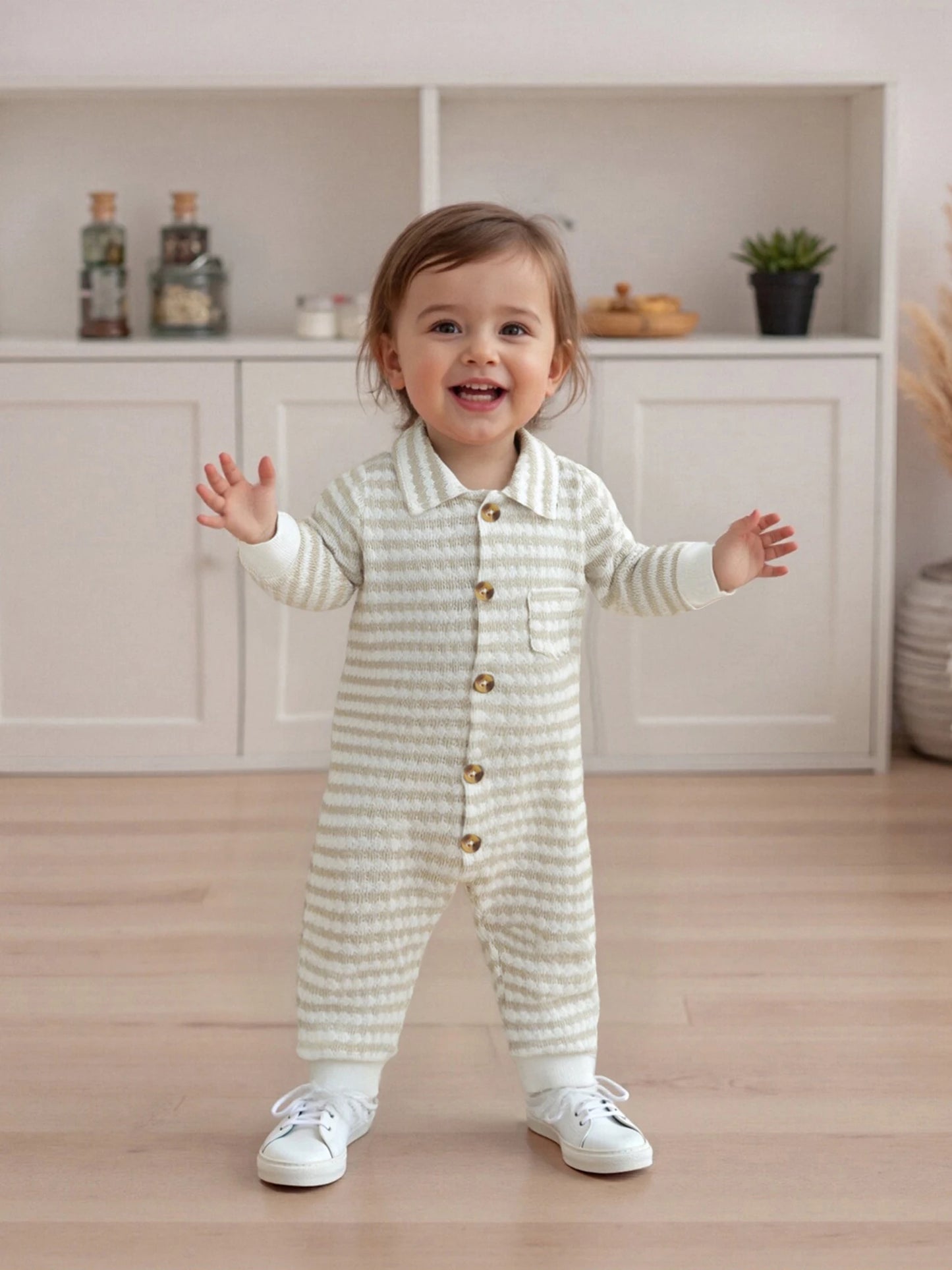 Newborn Baby Fall Winter Jumpsuit Set - Striped Turn-Down Collar Romper & Pants (0-18M)