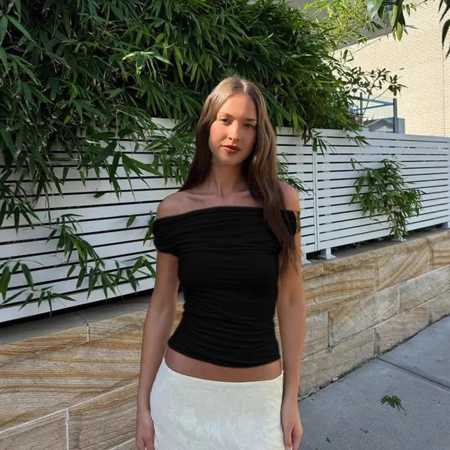 Women's Off Shoulder Ruched Cropped Top - Summer Sleeveless Backless Tee