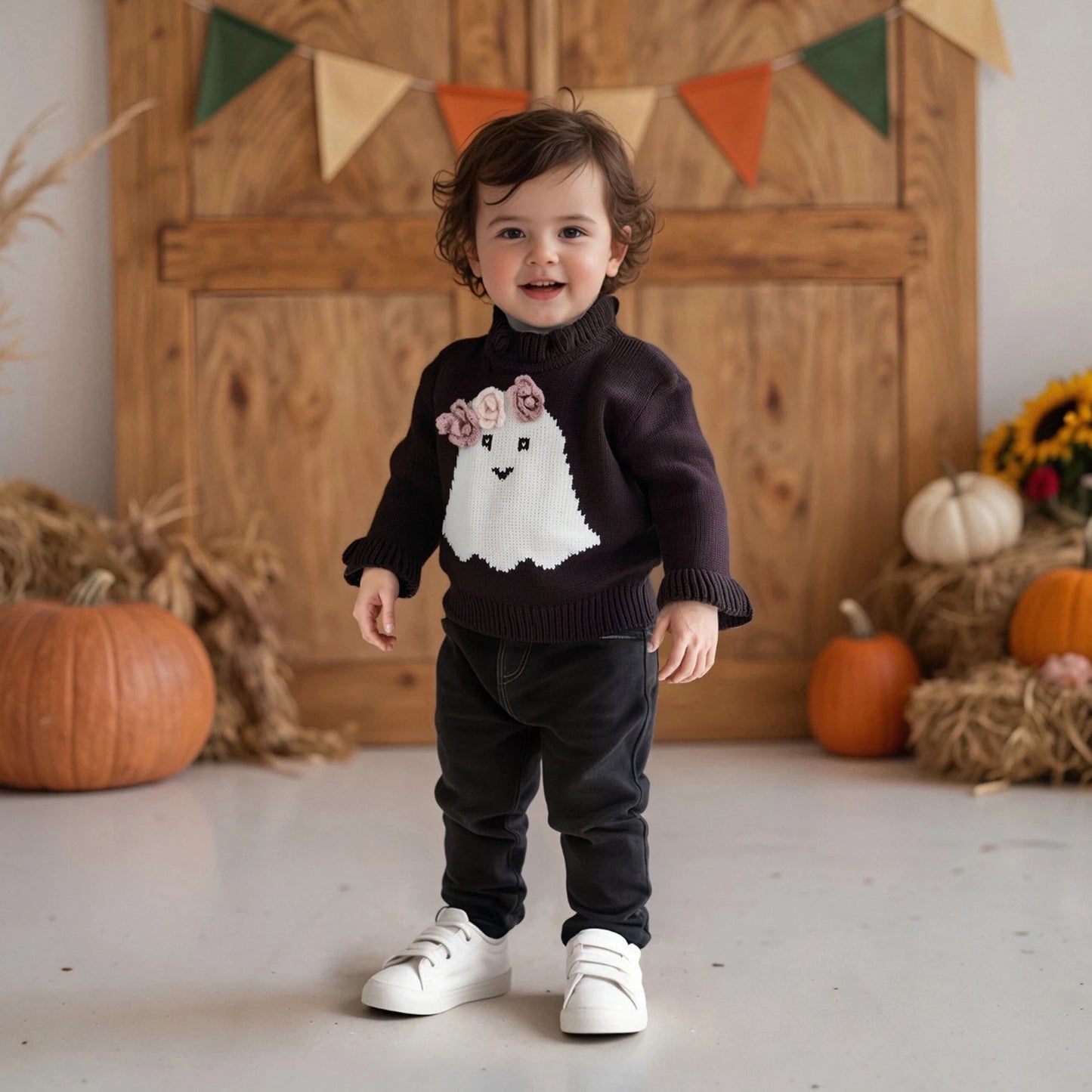Baby Halloween Knit Sweater - Long Sleeve Ghost Embroidery Pullover