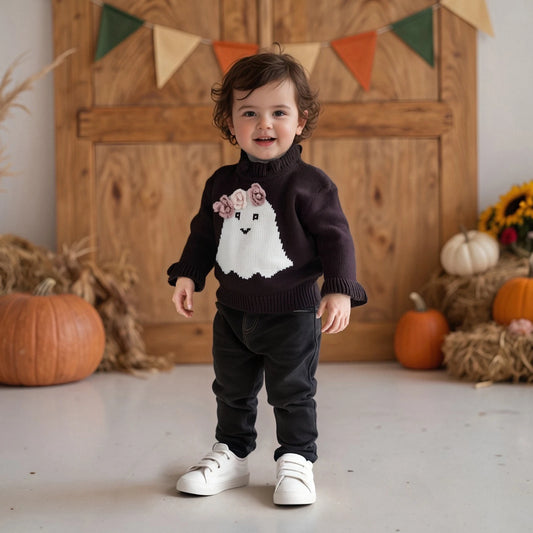 Baby Halloween Knit Sweater - Long Sleeve Ghost Embroidery Pullover