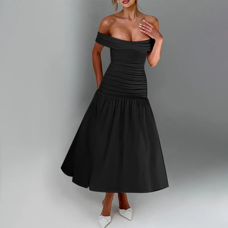 Women's Ruched One-Shoulder Party Long Sleeveless High Waist A-Line Dress
