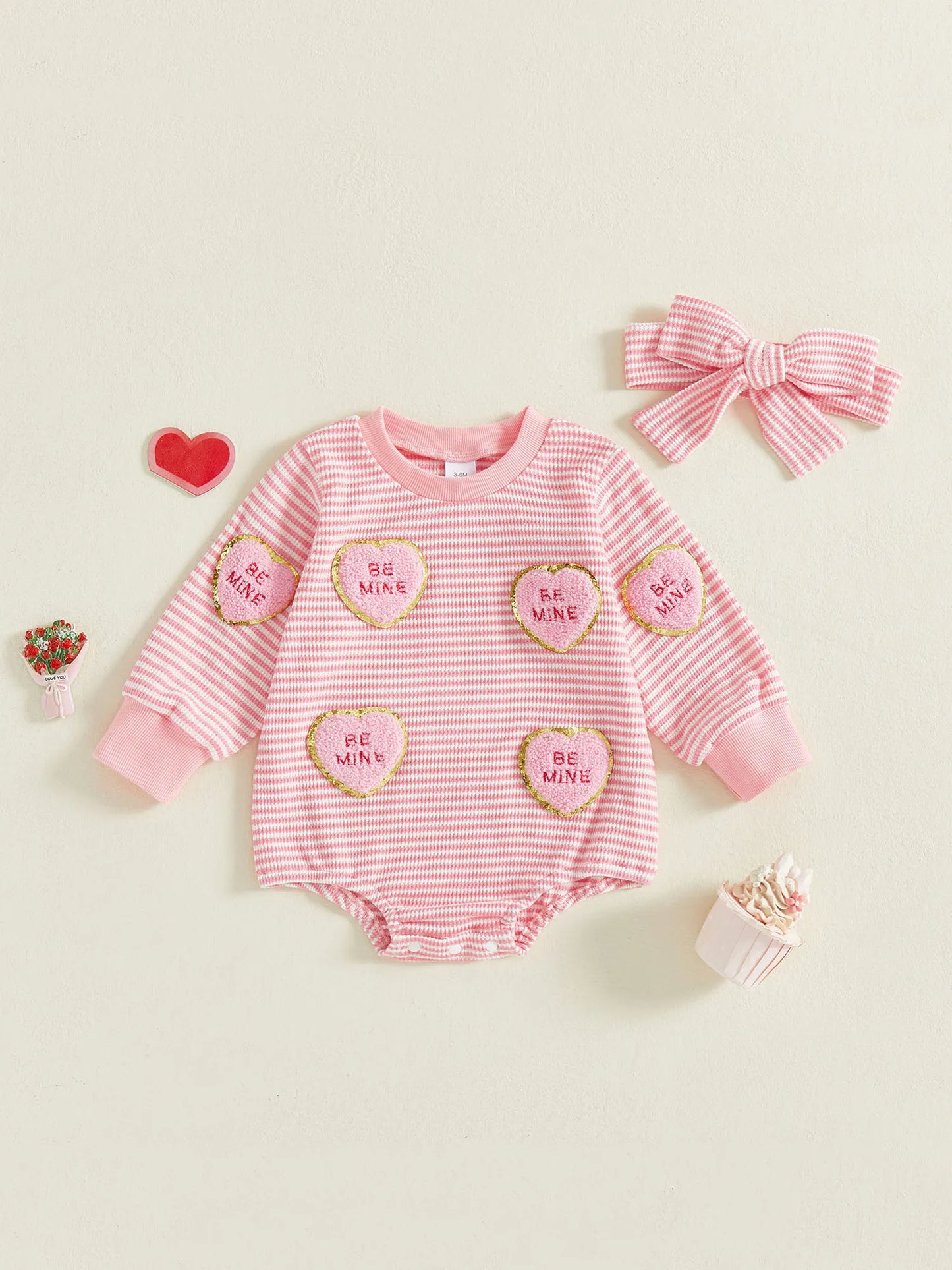 Baby Valentine's Day Romper Set - Striped Heart Embroidery with Headband