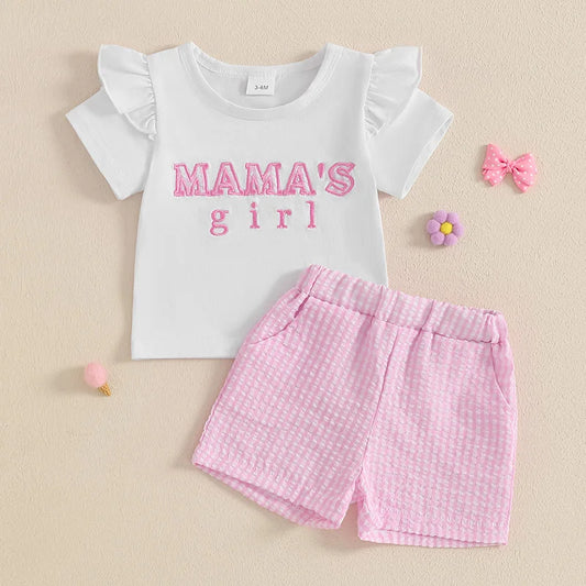 Baby Girls Summer Outfit Set - Letter Embroidery T-Shirt & Plaid Shorts (0-3Y)