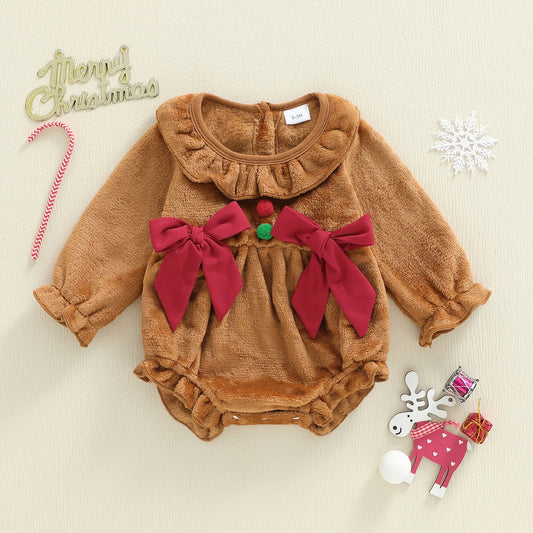 Baby Girls Christmas Romper - Plush Gingerbread Costume with Bow Detail