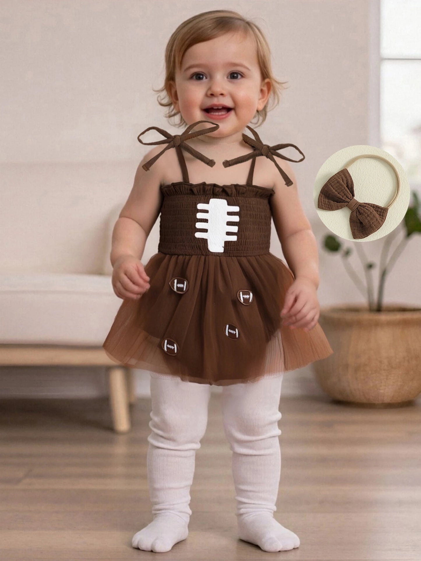 Baby Girls Football Embroidered Romper Dress with Bow Headband (0-18M)