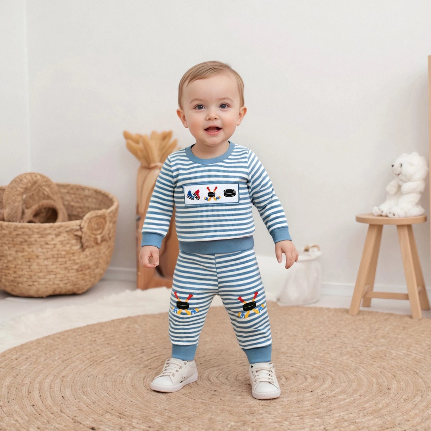 Autumn Winter Baby Boys Sports Clothing Set - Embroidered Striped Sweatshirt & Pants (0-3Y)