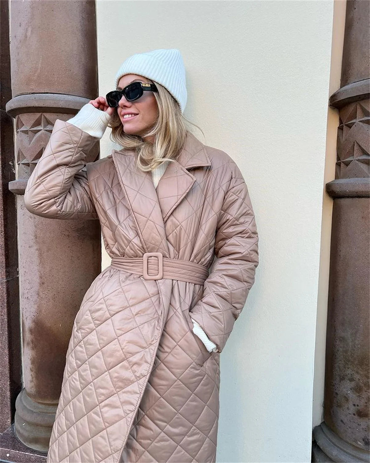 Women's Long Sleeve Parkas Quilted with Belt Trench Coat Warm Down Jacket