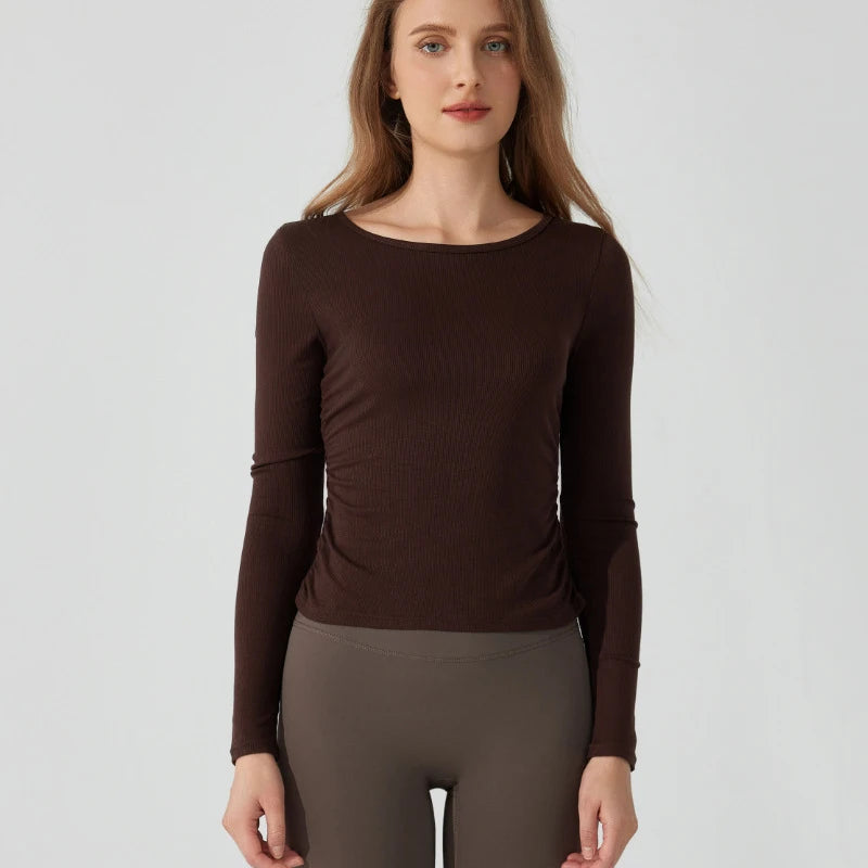 Women's Long Sleeve Yoga Shirt Slim Fit Gym Top Breathable Ribbed Gym Running Top Workout Sportswear