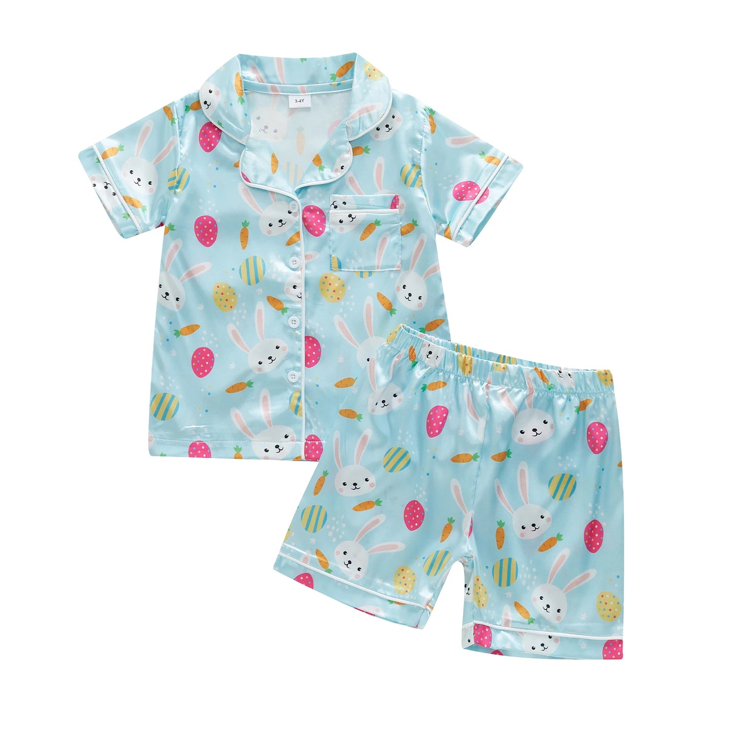 1-7Y Kids Girls Easter Pyjamas Clothes Set Rabbit Carrot Print Button Down V Neck Short Sleeve Tops and Shorts