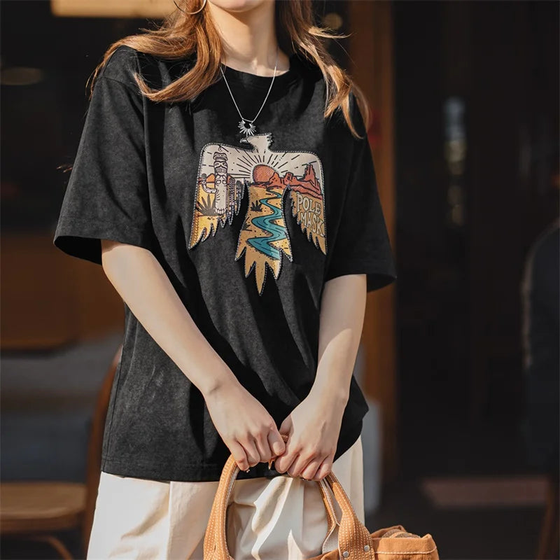 Women's Retro Thunderbird Print T-Shirt - Heavyweight Embroidered Tee