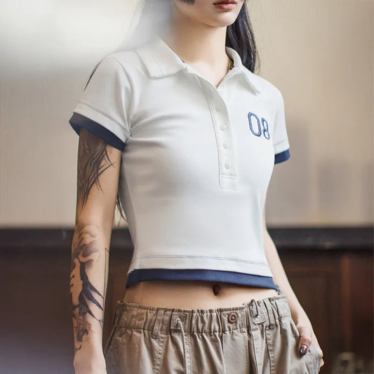 Women's White Embroidered Polo Shirt - Preppy Short Sleeve Tennis Top with Color-Block Design