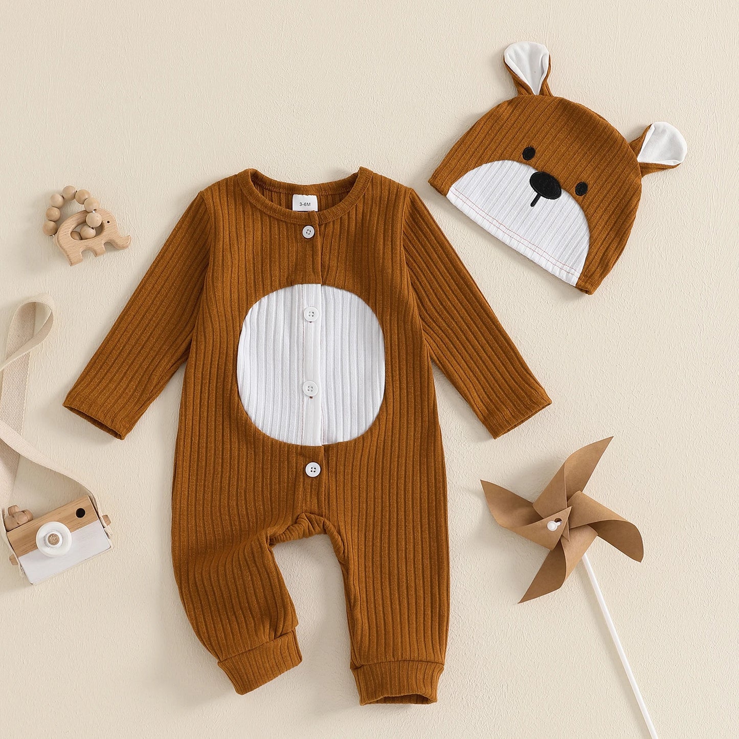 0-18M Newborn Baby Boys Romper Animal Cartoon Print Long Sleeve Crew Neck Full Length Button Down Jumpsuit with Hat