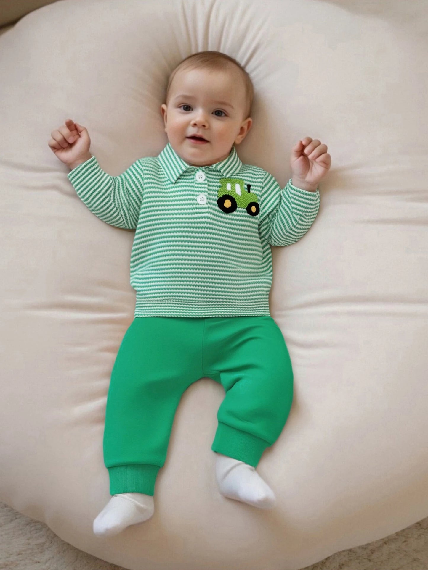 Infant Baby Boys Fall Winter Clothes Set - Long Sleeve Truck Embroidery Striped Top & Elastic Waist Pants
