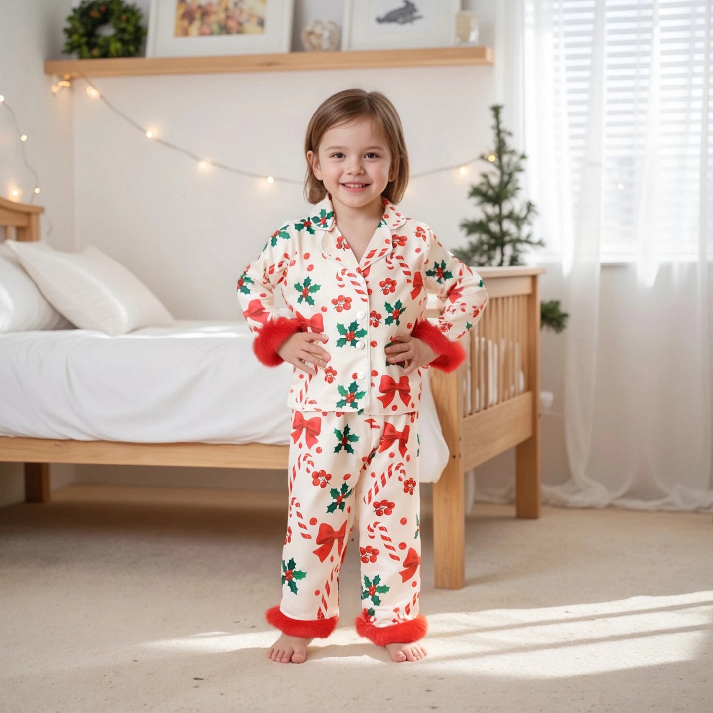 Kids Girls Christmas Satin Pyjamas Set - Candy Cane Bow Print Button Down Top & Pants (0-7Y)