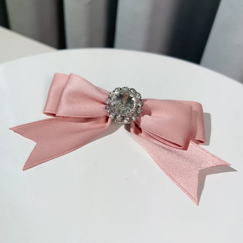 Handmade Fabric Bow Tie Brooch - Rhinestone Crystal Lapel Pin for Women