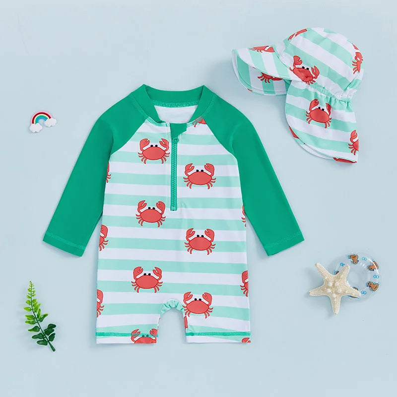 0-4Y Toddler Kids Boys Swimwear Summer Crab Stripe Print Zipper Rash Guard Swimsuit and Hat Beachwear