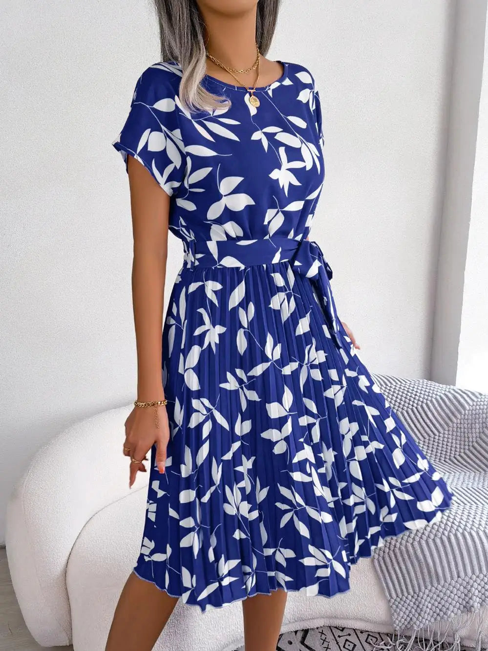 Women's Floral Pleated A Line Long Spring Summer Short Sleeve High Waist Chic Dress