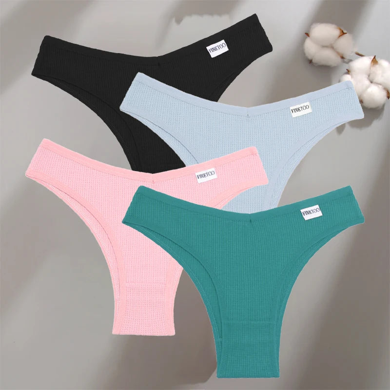 Women's 4Pcs Cotton Breathable Underwear Panties Low-Waist Waffle G-string Stretch Briefs Soft Lingerie