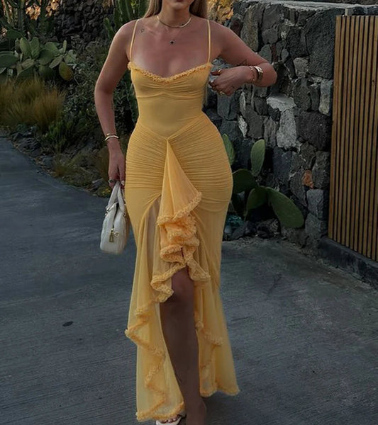 Women's Sheer Mesh Ruffled Front Gown Elegant Draped Prom Cocktail Maxi Dress Solid Fairy Ruched Slip Dress