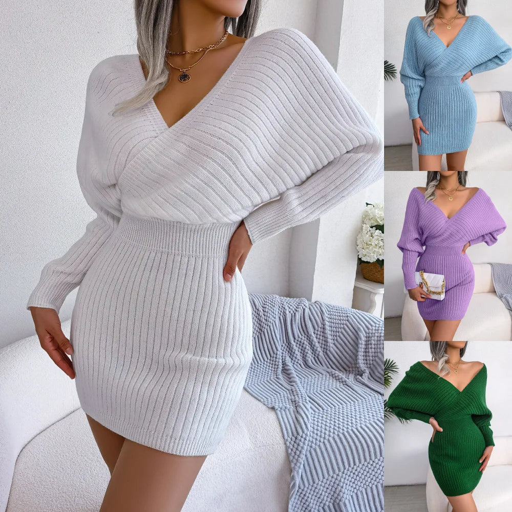Women's Autumn Winter Cross V Neck Batwing Sleeve Casual Wrap Hip Woollen Dress
