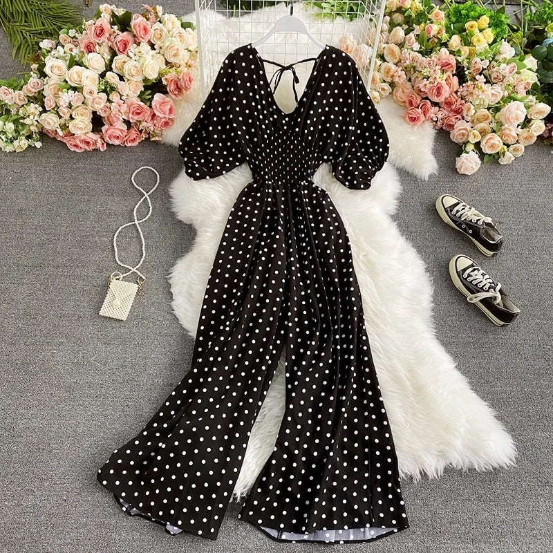 Women's V-Neck Polka Dot Jumpsuit - Wide Leg Trousers with Dolman Sleeves