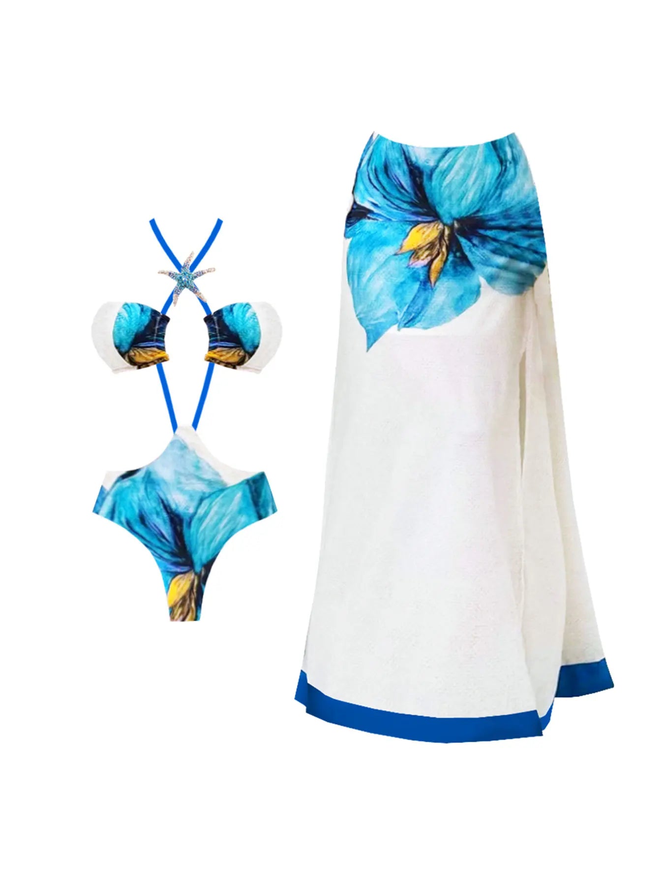 Women's Cut out Swimwear and Skirt Halter Sleeveless Halter Print Patchwork Long Dress