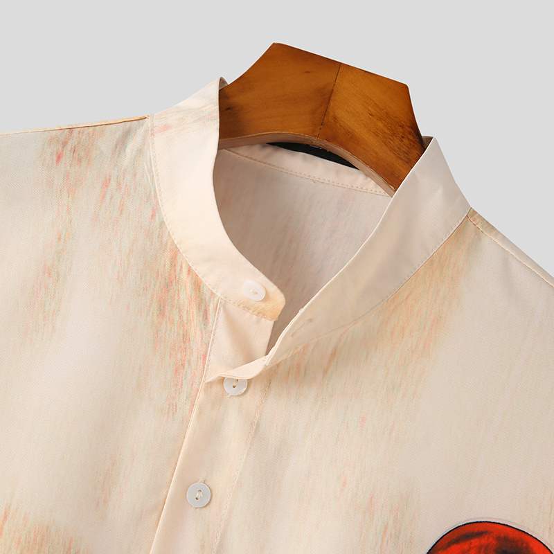Men's Loose Stand Collar Half Sleeve Shirt and Elastic Waist Pants 2Pcs Causal Suit S-5XL