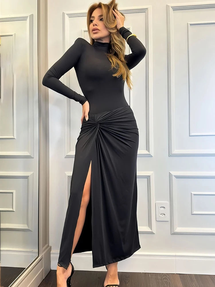 Women s Slit Ruched Long Dress Splice Half High Collar Bodycon Long