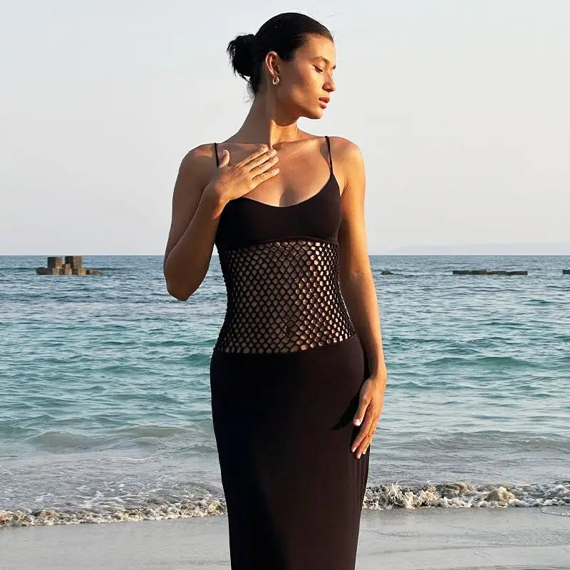 Women's Fishnet Detail Maxi Mesh Splice Slip Dress
