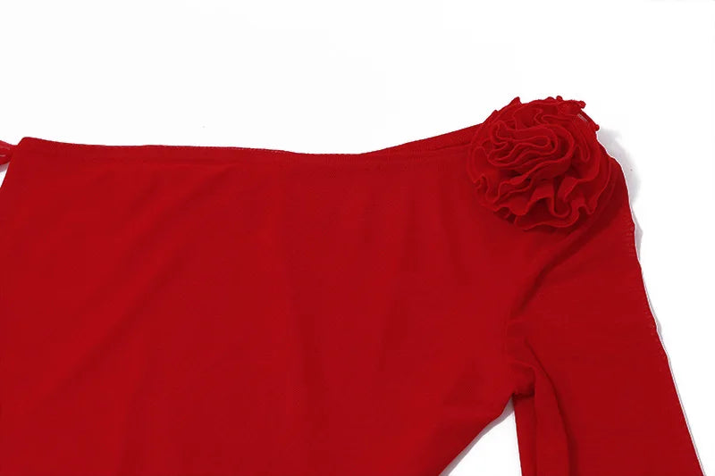 Women's One Shoulder Floral Applique Bodycon Mini Dress Outfit - Flare Sleeve Dress