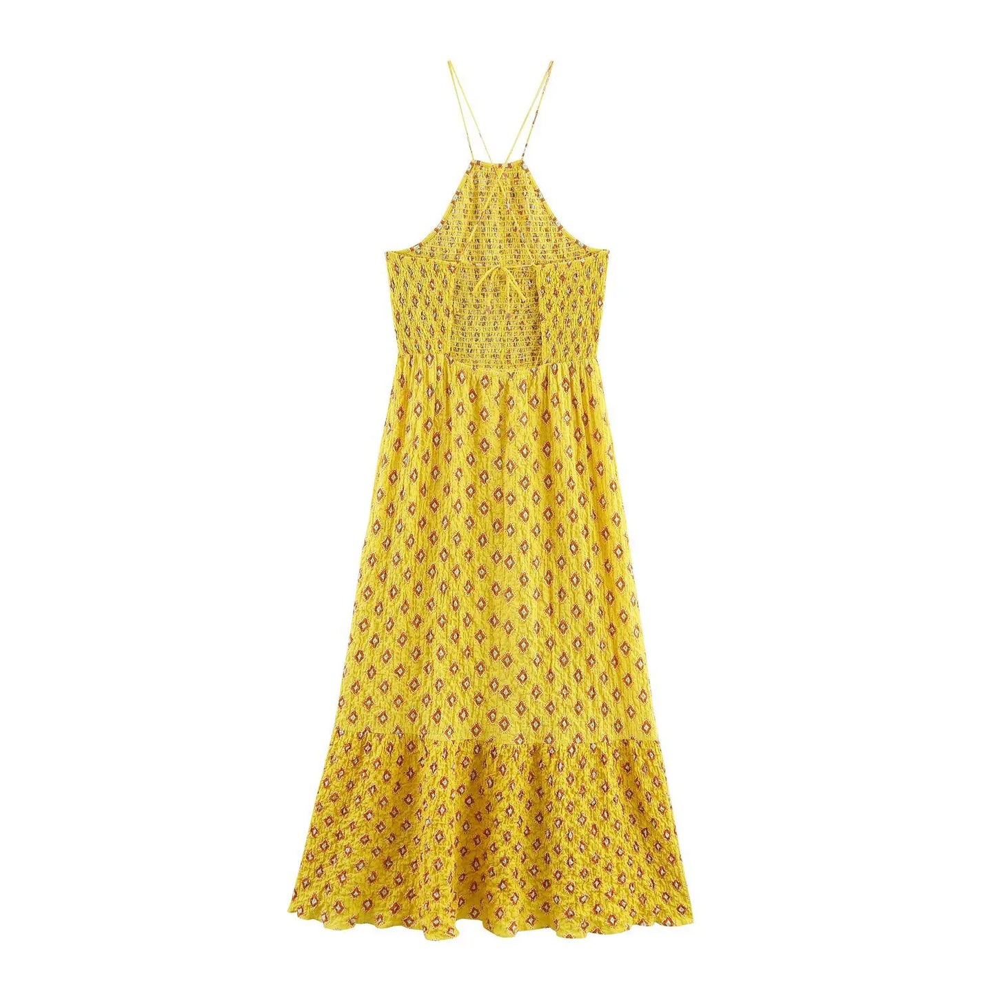 Women's Printed Midi Halter Dress with Backless Design