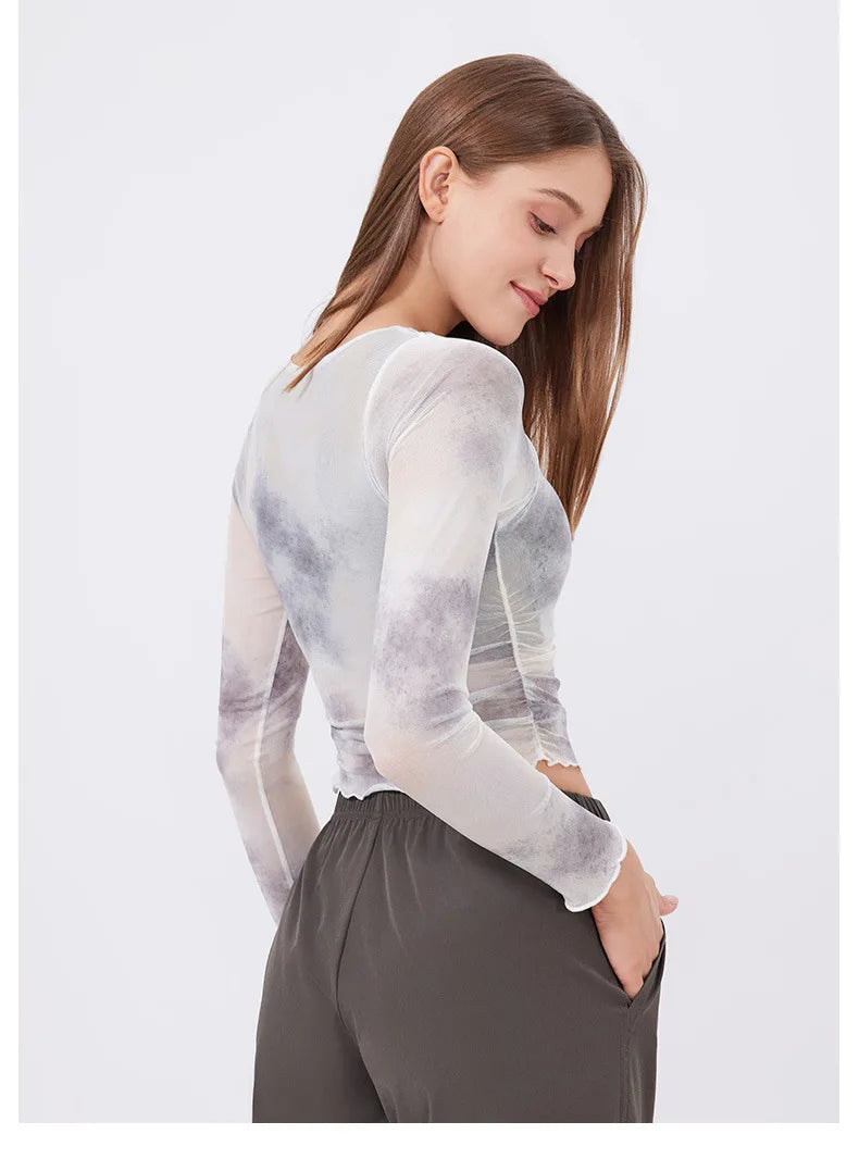 Women's Long Sleeve Yoga Shirt Women Tie-Dye 2 In 1 Gym Crop Top Slim Fit Breathable Running Top With Chest Pads Sportswear