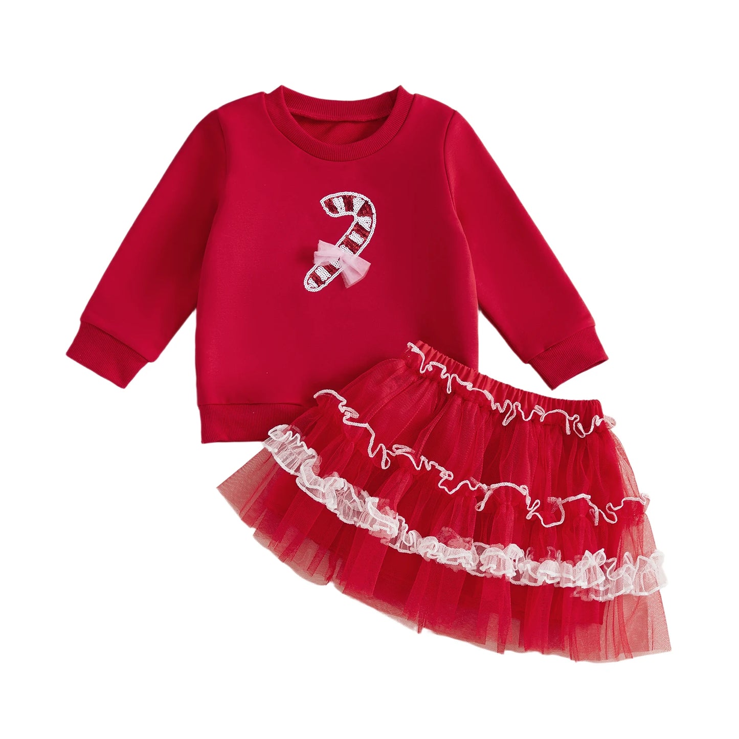 Kids Girls Christmas Outfit Set - Long Sleeve Xmas Embroidery Sweatshirt & Tulle Skirt (0-4Y)