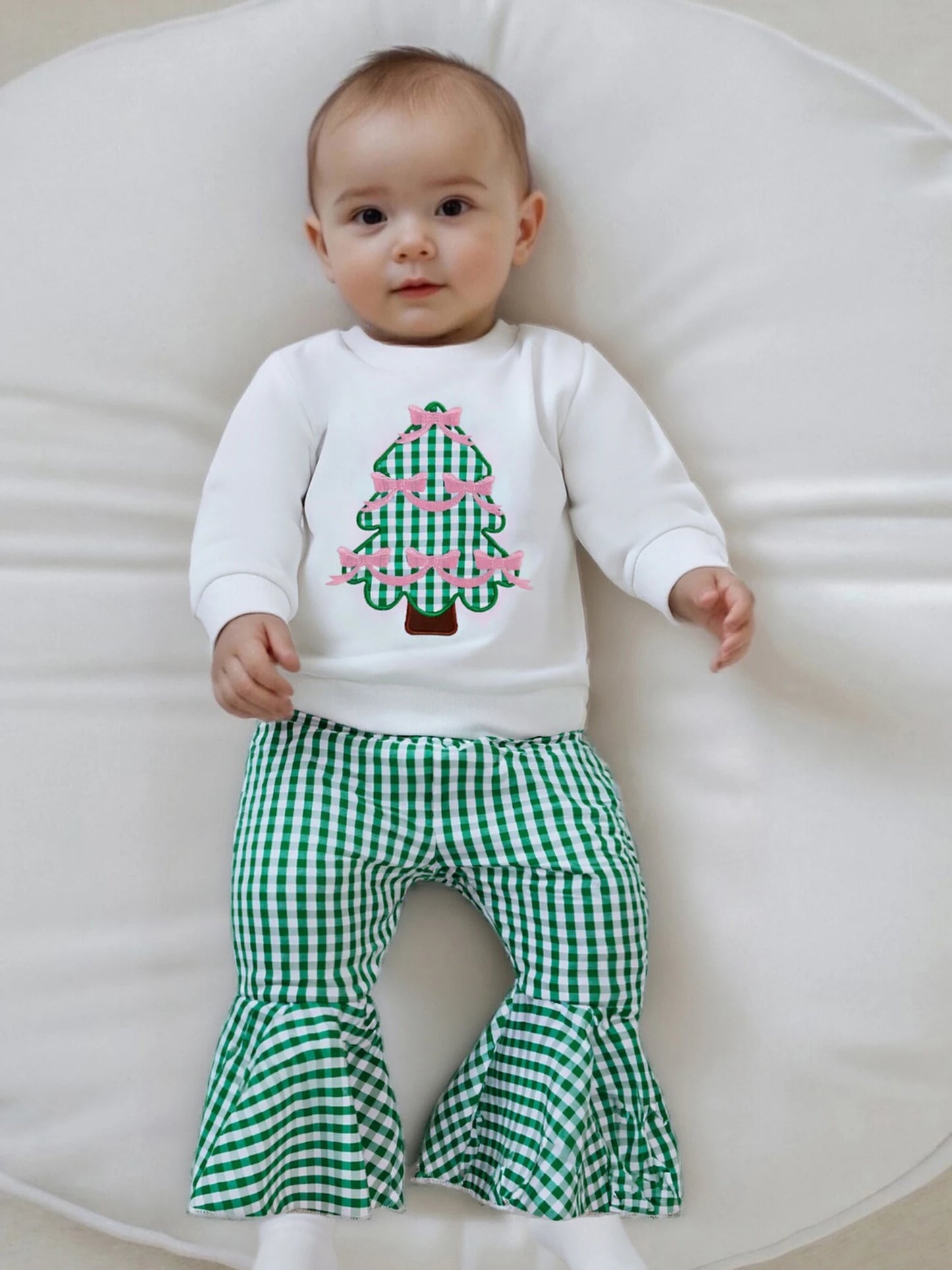 Baby Girls Christmas Tree Embroidered Sweatshirt & Plaid Bell Bottoms Set (0-4Y)