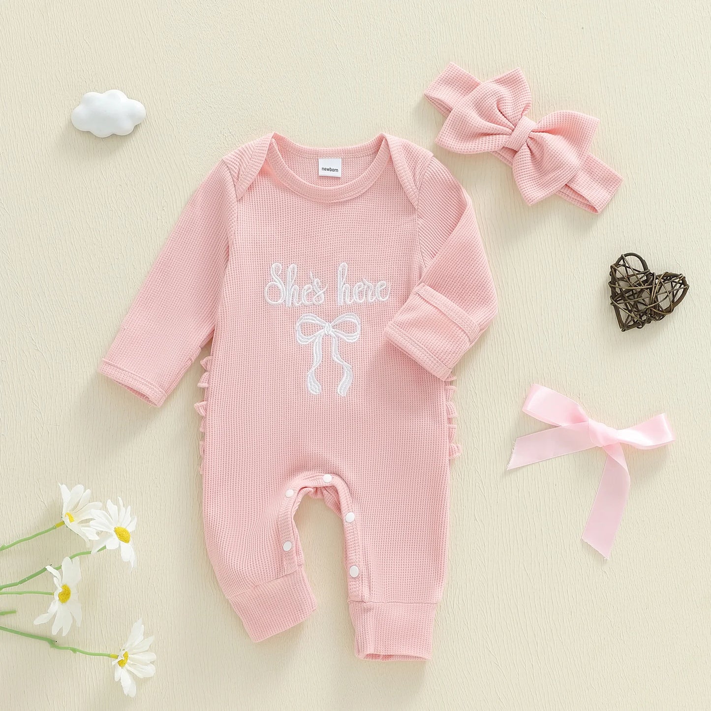 Newborn Baby Fall Winter Romper - Bow Letter Print Waffled Jumpsuit with Headband (0-6M)