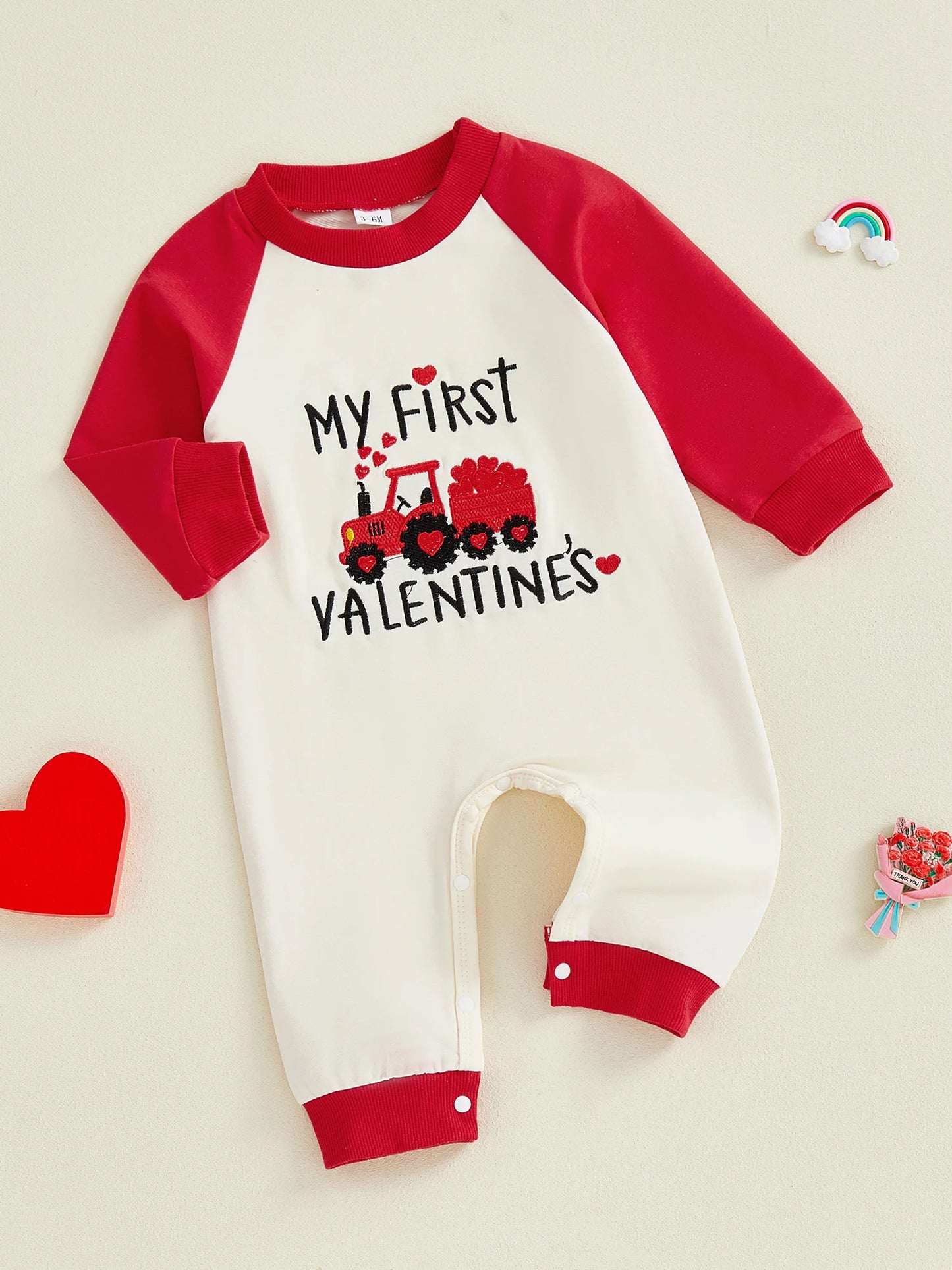 Newborn Baby Boys Valentine's Romper - Love Heart Tractor Embroidery