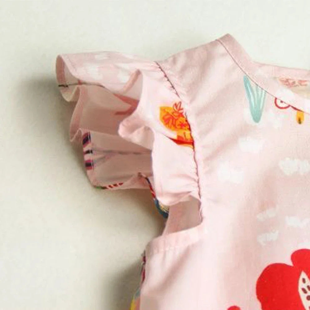 Girls' Round Neck Flying Sleeve Flower Print Dress