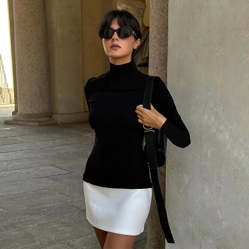 Women's Turtleneck Splice Long Sleeve Mini Contrast Color Bodycon Party Dress